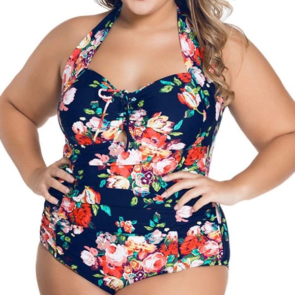 None Other - One-Piece Floral Tummy Control Halter Swimsuit